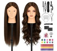 TwoWin 26inch Cabeza de Peluquería, 80% Cabello Humano, 66cm Cabeza Maniquí | Cabeza para Peinar para Trenzado, Cortes y Peinados, Incluye Abrazadera y Kit de Accesorios para Trenzas (Marrón Oscuro)