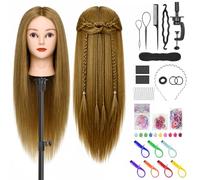 TwoWin Cabeza de maniquí para peluquería, 80% cabello humano real, 26"color marrón, para entrenamiento de peluquería, maniquí de cosmetología, con soporte de abrazadera, accesorios para el cabello