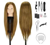 TwoWin Maniquí Maquillable 24 inch (61 cm) - Cabeza de Peluquería y Cosmetología con 80% Pelo Real, Maniquí Peluquería para Trenzado y Peinados, Incluye Soporte y Kit de Extensiones (Marrón Claro)