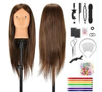 TwoWin Maniquí Maquillable 26 inch (66 cm) - Cabeza de Peluquería y Cosmetología con 80% Pelo Real, Maniquí Peluquería para Trenzado y Peinados, Incluye Soporte y Kit de Extensiones (Marrón Oscuro)