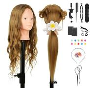 TwoWin Maniquí Maquillable 26 inch (66 cm) - Cabeza de Peluquería y Cosmetología con 80% Pelo Real, Maniquí Peluquería para Trenzado y Peinados, Incluye Soporte y Kit de Extensiones (Marrón Natural)