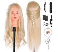 TwoWin Maniquí Peluquería 20 inch (51 cm) - Cabeza Modelo Entrenamiento con 80% Pelo Real para Trenzado, Cortes y Peinados, Incluye Soporte y Kit de Extensiones (Oro Claro)