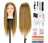 TwoWin Maniquí Peluquería 26 inch (66 cm) - Cabeza Modelo Entrenamiento con 80% Pelo Real para Trenzado, Cortes y Peinados, Incluye Soporte y Kit de Extensiones (Marrón Claro)