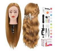 TwoWin Maniquí Peluquería 26 inch (66 cm) - Cabeza Modelo Entrenamiento con 80% Pelo Real para Trenzado, Cortes y Peinados, Incluye Soporte y Kit de Extensiones (Marrón Claro)