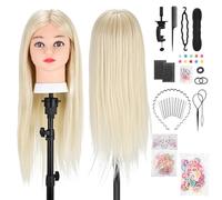 TwoWin Maniquí Peluquería 26 inch (66 cm) - Cabeza Modelo Entrenamiento con 80% Pelo Real para Trenzado, Cortes y Peinados, Incluye Soporte y Kit de Extensiones (Rubia)