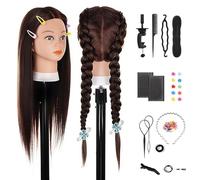 TwoWin Maniquí Peluquería 26 inch (66 cm) - Cabeza Modelo Entrenamiento con 80% Pelo Real para Trenzado, Cortes y Peinados, Incluye Soporte y Kit de Extensiones (Marrón Oscuro)