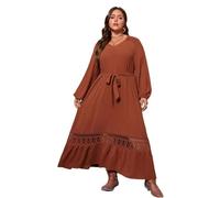 TXLEAPEY Vestidos Casuales de Moda con Escote en V marrón for Mujer de Talla Grande con cinturón de Encaje Largo Elegante dignidad Fiesta(2XL)