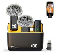 TXTUNE Micrófono inalámbrico para iPhone Android con funda de carga, micrófono USB C Lavalier para grabación de video, cancelación de ruido, mini micrófonos con clip, pantalla intuitiva de batería