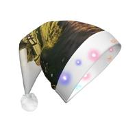 TYANG Bonito gorro de Papá Noel con estampado de pueblo, gorro de Papá Noel, cinta, luces LED, gorro de Papá Noel luminoso