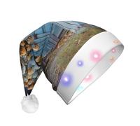 TYANG Gorro de Navidad con puerta de granero, estampado floral, gorro de Papá Noel, cinta de luces LED, gorro de Papá Noel, color verde azulado