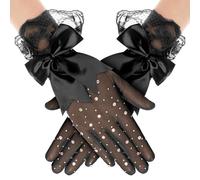 TYBGAU Boutique UK Guantes cortos de encaje con diamantes de imitación for mujer, guantes elásticos de tul transparentes y brillantes for boda, fiesta de ópera Guantes de malla(Noir)