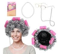 TYBYBB Peluca Abuela Kit, 5 Piezas Disfraz de Abuela, Abuela Cosplay Accesorios, Disfraz de Anciana, Juego de Peluca para Abuela, para Carnaval, Halloween, Fiesta de Disfraz, Fiesta de Temática