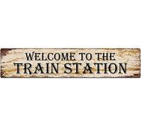 TYCLTY Letrero de metal con texto en inglés "Welcome to The Train Station", estilo retro, de aluminio, para cocina, hogar, jardín, pared, bar, cafetería, decoración de 10 x 40 cm