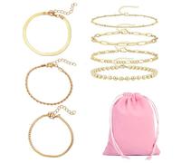 TYFGRT 7 Pulseras De Oro, 1 Bolsa De Almacenamiento De Joyas, Pulseras De Oro con Dijes para Mujer, Decoración De Pulsera Apilable, Decoración De Conjunto De Joyas De Mano, Accesorios De Ropa