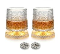 TYHBRV Juego de 2 vasos de whisky con base de luz LED, vasos giratorios de 360°, posavasos cálidos y brillantes para whisky bourbon, regalos de cumpleaños para hombres, marido, bar, fiesta, hogar (luz