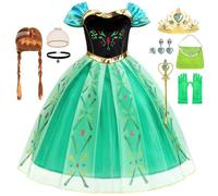 Tyidalin Disfraz de Princesa Anna para Niñas con Peluca Vestido Verde para Fiesta Carnaval Halloween Cumpleaños Navidad