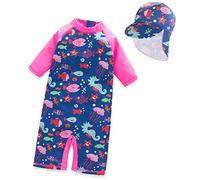 Tyidalin Traje de Baño Bañador Niña una Pieza Protección UV Solar para Deportes Acuáticos Natación Surf y Gorra, Rosa, 80-86(Étiqueter 3)