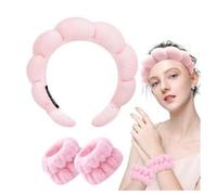 TYLUSPA Diadema Maquillaje Mujer,Diadema Skincare,Diademas de Esponja con 2 Muñequeras,Diadema Elastica Mujer para Lavarse la Cara, Spa, Maquillarse, Bañarse (Rosa)