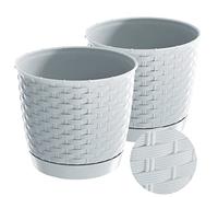 TYMAR Macetero con platillo, juego de 2 unidades, maceta de plástico redonda con aspecto de ratán RR01 (blanco, diámetro de 30 cm)