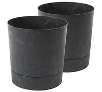 Tymar Macetero con plato, paquete de 2 unidades, maceta decorativa de plástico, forma redonda, moderna, para interiores (13 cm de diámetro, 2 unidades), color negro