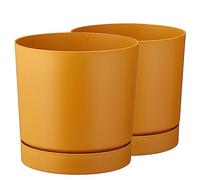 Tymar Macetero con plato, paquete de 2 unidades, maceta decorativa de plástico, forma redonda, moderna, para interiores (15 cm de diámetro, 2 unidades), color mostaza