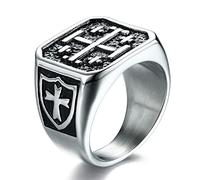 TYMONT Anillo De Cruz De Jerusalén, Anillo De Acero Inoxidable Con Sello De Jerusalén Gótico Vintage Para Hombre,Plata,12
