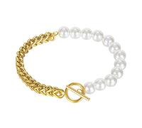 TYMONT Pulsera Costura Cadena Perlas Moda Para Mujer, Pulsera De Perlas De Costura De Eslabones Góticos, Regalo De Cumpleaños De Aniversario De Promesa,Oro,7.48 inches
