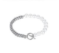 TYMONT Pulsera Costura Cadena Perlas Moda Para Mujer, Pulsera De Perlas De Costura De Eslabones Góticos, Regalo De Cumpleaños De Aniversario De Promesa,Plata,7.48 inches