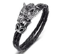 TYMONT Pulsera Cuerda Trenzada Cuero Cabeza Lobo Vikingo, Pulsera Moda Hebilla Magnética Cabeza Lobo Acero Inoxidable Cuerda De Cuero Para Hombres Nórdicos,Negro,16.5cm