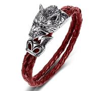 TYMONT Pulsera Cuerda Trenzada Cuero Cabeza Lobo Vikingo, Pulsera Moda Hebilla Magnética Cabeza Lobo Acero Inoxidable Cuerda De Cuero Para Hombres Nórdicos,Rojo,18.5cm