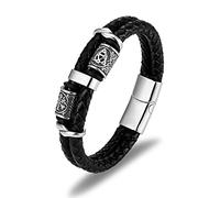 TYMONT Pulsera De Brújula De Acero De Titanio Trenzado De Cuero De Doble Capa Vikinga, Pulsera De Cordón De Cuero Trinity De Acero Inoxidable Para Hombres,Negro,18cm
