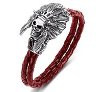 TYMONT Pulsera De Calavera De Jefe Indio Nativo Europeo Y Americano, Pulsera Punk De Acero De Titanio Con Cuerda Trenzada De Cuero Para Hombre,Rojo,20.5cm