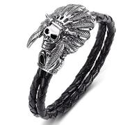 TYMONT Pulsera De Calavera De Jefe Indio Nativo Europeo Y Americano, Pulsera Punk De Acero De Titanio Con Cuerda Trenzada De Cuero Para Hombre,Negro,20.5cm