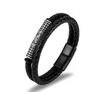 TYMONT Pulsera De Cuero Con Símbolo De Enclavamiento Triangular De Odín Nórdico, Amuleto De Pulsera De Cuerda De Cuero De Acero Inoxidable Con Nudo Celta Vikingo,Negro,22cm