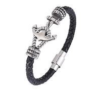 TYMONT Pulsera De Cuero De Ancla De Acero Inoxidable Para Hombre, Pulsera De Cuero Trenzado Vintage, Pulsera De Pareja,Plata,20.5cm