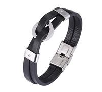 TYMONT Pulsera De Cuero De Doble Fila, Pulsera De Cuero Personalizada Para Hombre, Conjunto De Herrajes De Acero Inoxidable De Cuero, Pulsera De Circón,Negro,7.28 inches