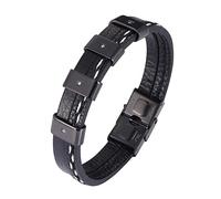 TYMONT Pulsera De Cuero, Pulsera De Cuero Trenzado Multicapa Para Hombre Con Piedra Negra, Pulsera De Hebilla De Acero Inoxidable Punk Rider,Negro,19.5cm