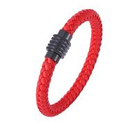 TYMONT Pulsera De Cuero Trenzado De 8 Mm, Pulsera Magnética De Acero Inoxidable Trenzado De Cuero Vintage Rojo/Negro, Accesorio Punk,Rojo,18.5cm