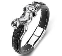 TYMONT Pulsera Hebilla Magnética Leopardo Animal Gótico, Cuerda Trenzada Cuero Para Hombre Pulsera Punk Estampado Leopardo Acero Inoxidable Decorado,Silver b,20.5CM