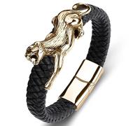 TYMONT Pulsera Hebilla Magnética Leopardo Animal Gótico, Cuerda Trenzada Cuero Para Hombre Pulsera Punk Estampado Leopardo Acero Inoxidable Decorado,Gold a,16.5CM