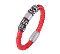 TYMONT Pulsera Redonda Trenzada De Cuero Europeo Y Americano, Pulsera De Hebilla Magnética De Cuero Trenzado Para Hombre, Accesorios De Motocicleta Punk,Rojo,20.5cm