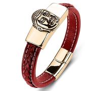 TYMONT Pulsera Sutura Trenzada Cuero Para Hombre, Pulsera Cabeza Buda, Pulsera Cuero Gama Alta Encanto Exagerado Personalidad Creencia Budista,Rojo,16.5cm