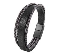 TYMONT Pulsera Trenzada De Cuerda De Cuero Multicapa De Moda Vintage Gótica, Pulsera De Cuerda De Cuero De Acero Inoxidable Para Hombre, Regalo Punk,Negro,22cm