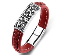 TYMONT Pulsera Trenzada De Cuero Con Calavera Para Hombre, Pulsera Gótica De Calavera De Acero Inoxidable, Pulsera Con Botón Magnético Punk,Rojo,18.5cm