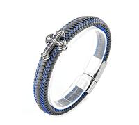TYMONT Pulsera Trenzada De Cuero Con Cruz Cristiana, Pulsera De Cuero Religioso Con Cruz Para Hombre,Azul,21cm
