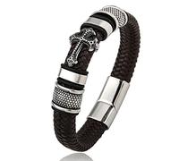 TYMONT Pulsera Trenzada De Cuero Con Cruz Vintage, Pulsera De Cuero Con Cruz Cristiana De Acero Inoxidable Para Hombres,Marrón,20cm