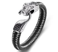 TYMONT Pulsera Trenzada De Cuero Con Hebilla De Serpiente De Acero Inoxidable Para Hombre, Pulsera De Cuerda De Cuero De Motocicleta Punk De Moda Europea Y Americana,Negro,20.5cm