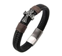 TYMONT Pulsera Trenzada De Cuero Con Hebilla Magnética De Acero Inoxidable Con Cruz Egipcia Antigua, Pulsera Vikinga De Capítulo Cruzado De Cuero Para Hombres,Negro,22CM