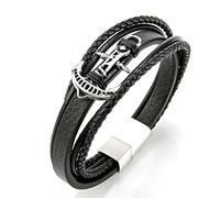 TYMONT Pulsera Vikinga De Cuero Con Ancla De Acero Inoxidable, Pulsera De Cordón De Cuero Trenzado Vintage Para Hombre, Pulsera De Cuero Multicapa De Moda,Negro,21cm