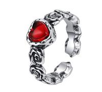 TYMONT S925 Plata De Ley Circonita Roja Anillo De Moda De Las Mujeres Con El Patrón Grabado Anillo De Plata De Ley De La Vendimia,Plata,9